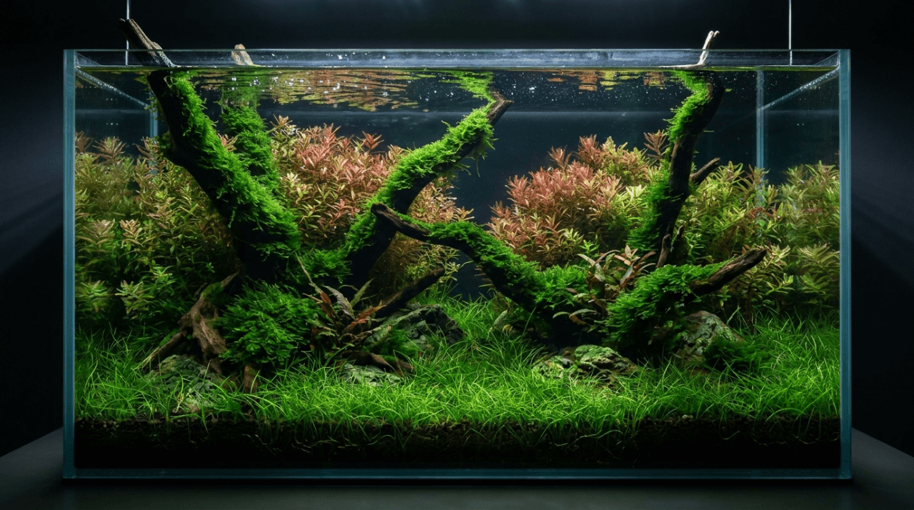 Moss-covered driftwood aquascape with red stems