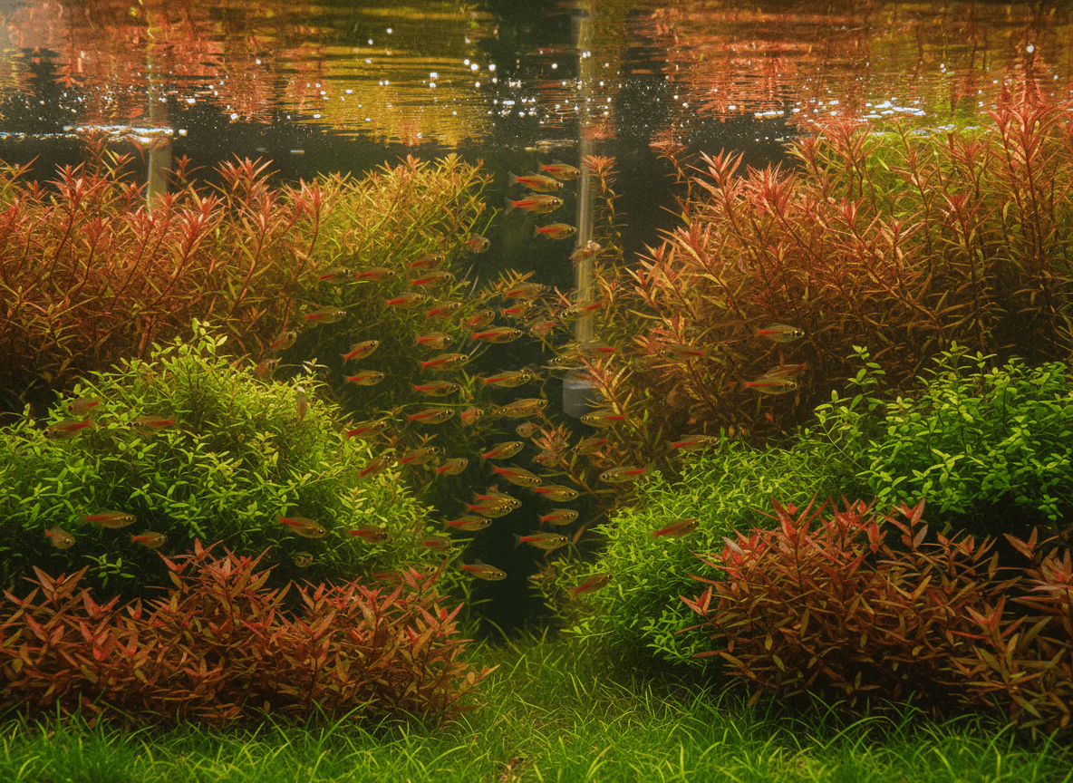 Densely planted Dutch-style aquascape