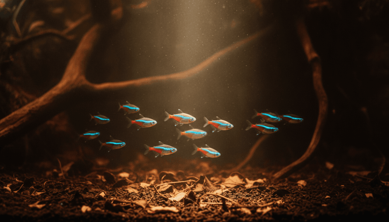 Neon tetras in a blackwater biotope