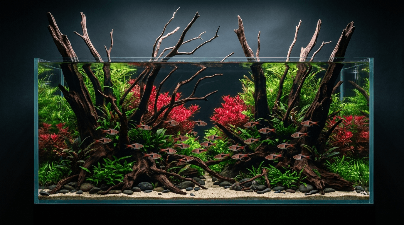 Brazilian-style aquascape with red plants and driftwood